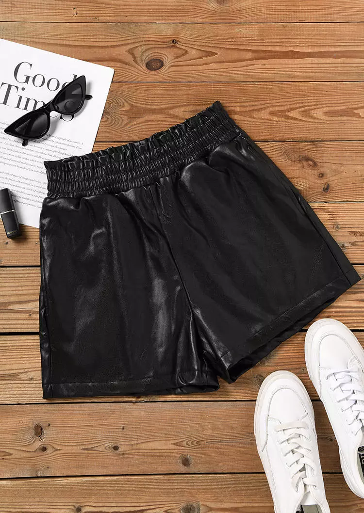 Ruffled Pocket PU Leather Shorts - Black 6 Ruffled Pocket PU Leather Shorts - Black - Image 4