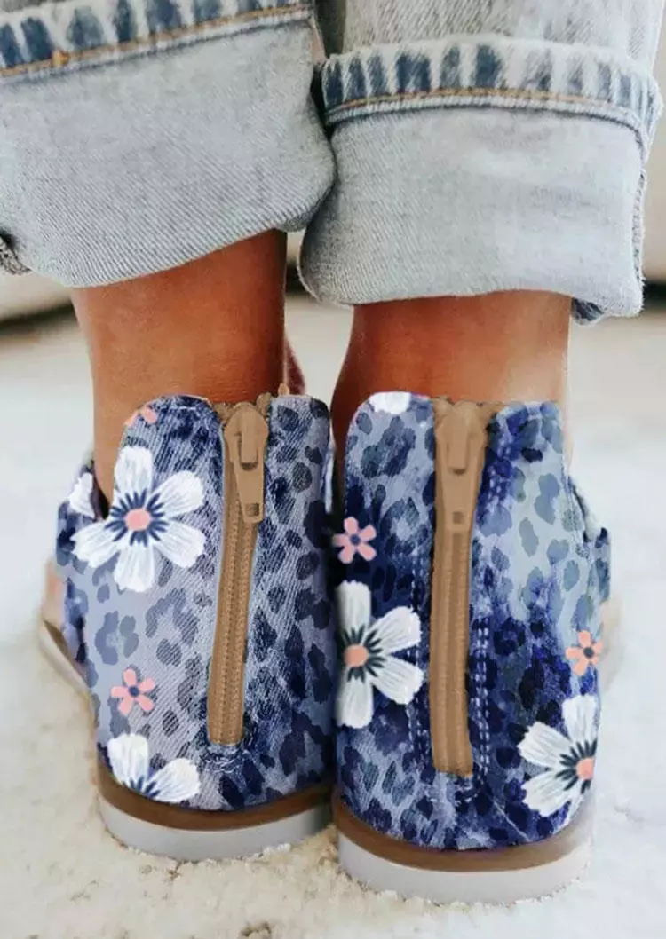 Floral Leopard Zipper Flat Thong Sandals - Blue 4 Floral Leopard Zipper Flat Thong Sandals - Blue - Image 2