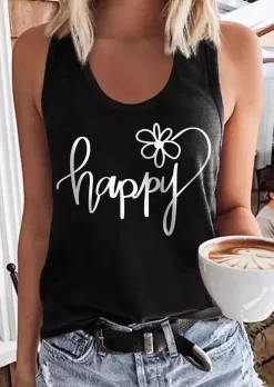 Happy Floral Racerback Tank - Black