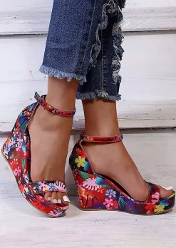 Floral Buckle Wedges Sandals - Red -Garment Sale Store SCM012480 5 20183280066759 124