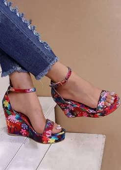 Floral Buckle Wedges Sandals - Red -Garment Sale Store SCM012480 5 20183280135531 124