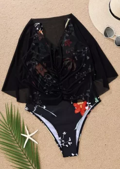 Floral Mesh One-Piece Swimsuit - Black -Garment Sale Store SCM012484 1 20951999491949 124