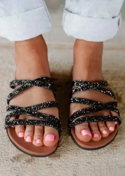 Rhinestone Criss-Cross Round Toe Flat Slippers - Black -Garment Sale Store SCM012528 1 22388731474656 124