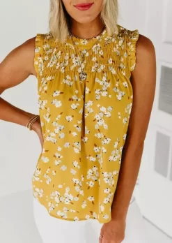 Ditsy Floral Smocked Hollow Out Ruffled Tank