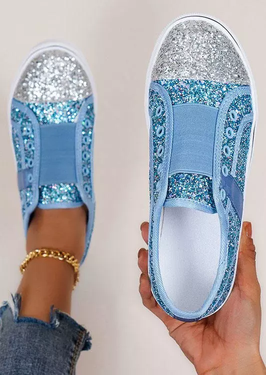Color Block Glitter Slip On Round Toe Flat Canvas Sneakers - Blue 3 Color Block Glitter Slip On Round Toe Flat Canvas Sneakers - Blue