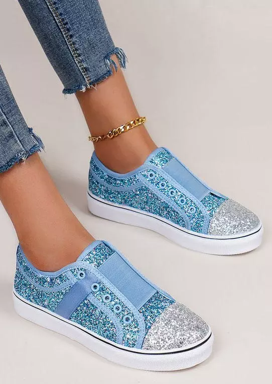 Color Block Glitter Slip On Round Toe Flat Canvas Sneakers - Blue 4 Color Block Glitter Slip On Round Toe Flat Canvas Sneakers - Blue - Image 2