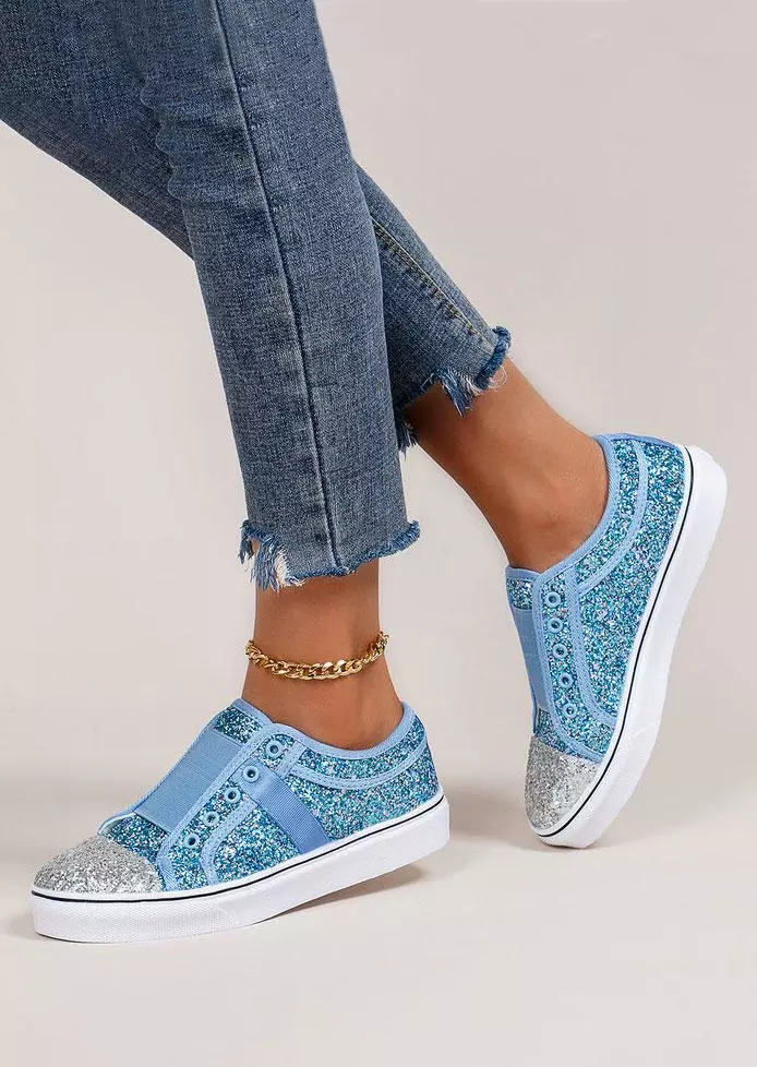 Color Block Glitter Slip On Round Toe Flat Canvas Sneakers - Blue 5 Color Block Glitter Slip On Round Toe Flat Canvas Sneakers - Blue - Image 3