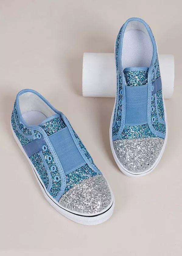 Color Block Glitter Slip On Round Toe Flat Canvas Sneakers - Blue 6 Color Block Glitter Slip On Round Toe Flat Canvas Sneakers - Blue - Image 4