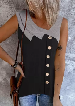 Color Block Button Irregular Collar Tank - Black
