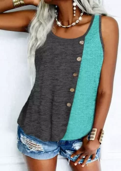 Color Block Button O-Neck Racerback Tank