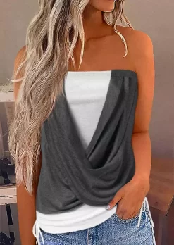 Color Block Drawstring Fake Two-Piece Tank - Dark Grey