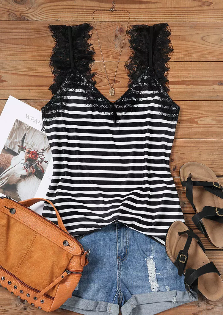 Striped Lace Splicing V-Neck Tank 5 Striped Lace Splicing V-Neck Tank - Image 3