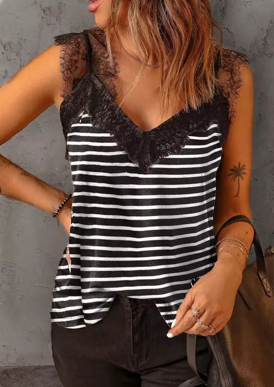 Striped Lace Splicing V-Neck Tank 3 Striped Lace Splicing V-Neck Tank