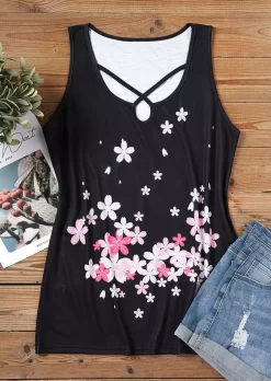 Cherry Blossoms Criss-Cross Tank - Black -Garment Sale Store SCM012677 1 22365158115821 124