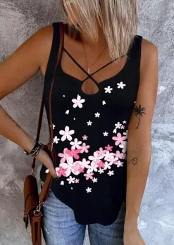Cherry Blossoms Criss-Cross Tank - Black