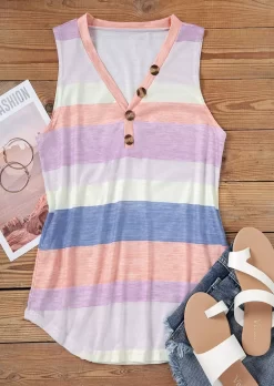 Color Block Striped Button V-Neck Tank 5 Color Block Striped Button V-Neck Tank -Garment Sale Store SCM012721 1 21054042139011 124