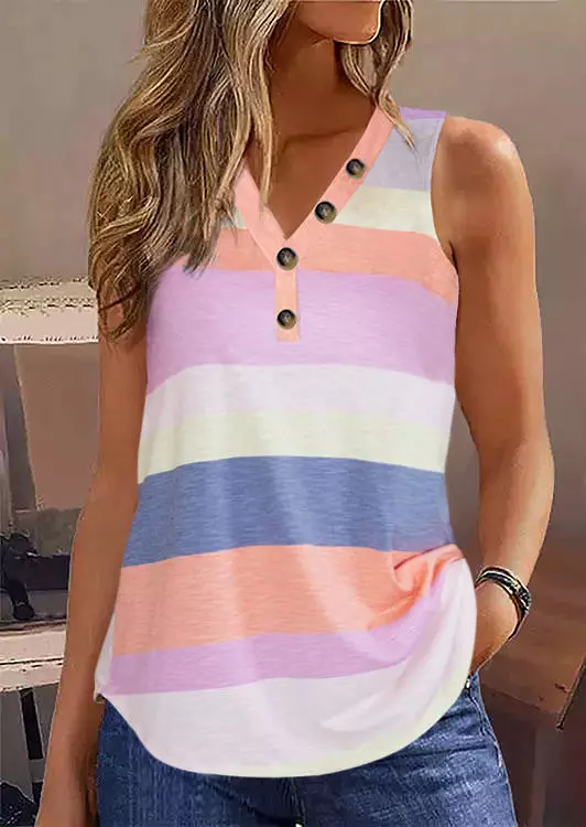 Color Block Striped Button V-Neck Tank 3 Color Block Striped Button V-Neck Tank