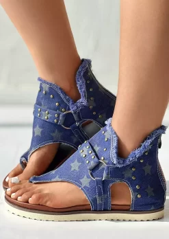 Star Studded Frayed Hem Sandals - Blue
