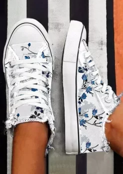 Floral Lace Up Flat Sneakers - White -Garment Sale Store SCM012725 2 13068184638631 124
