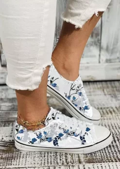 Floral Lace Up Flat Sneakers - White -Garment Sale Store SCM012725 2 13068184670643 124