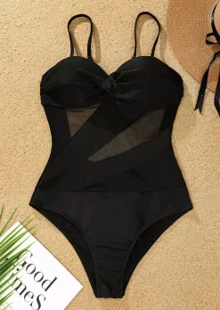 Ruched Bowknot Spaghetti Strap One-Piece Swimsuit - Black -Garment Sale Store SCM012730 1 20853931673233 124