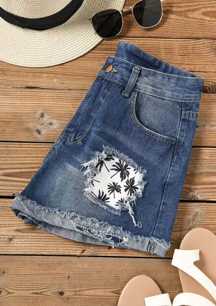 Coconut Tree Button Pocket Ripped Denim Shorts - Blue 6 Coconut Tree Button Pocket Ripped Denim Shorts - Blue - Image 4