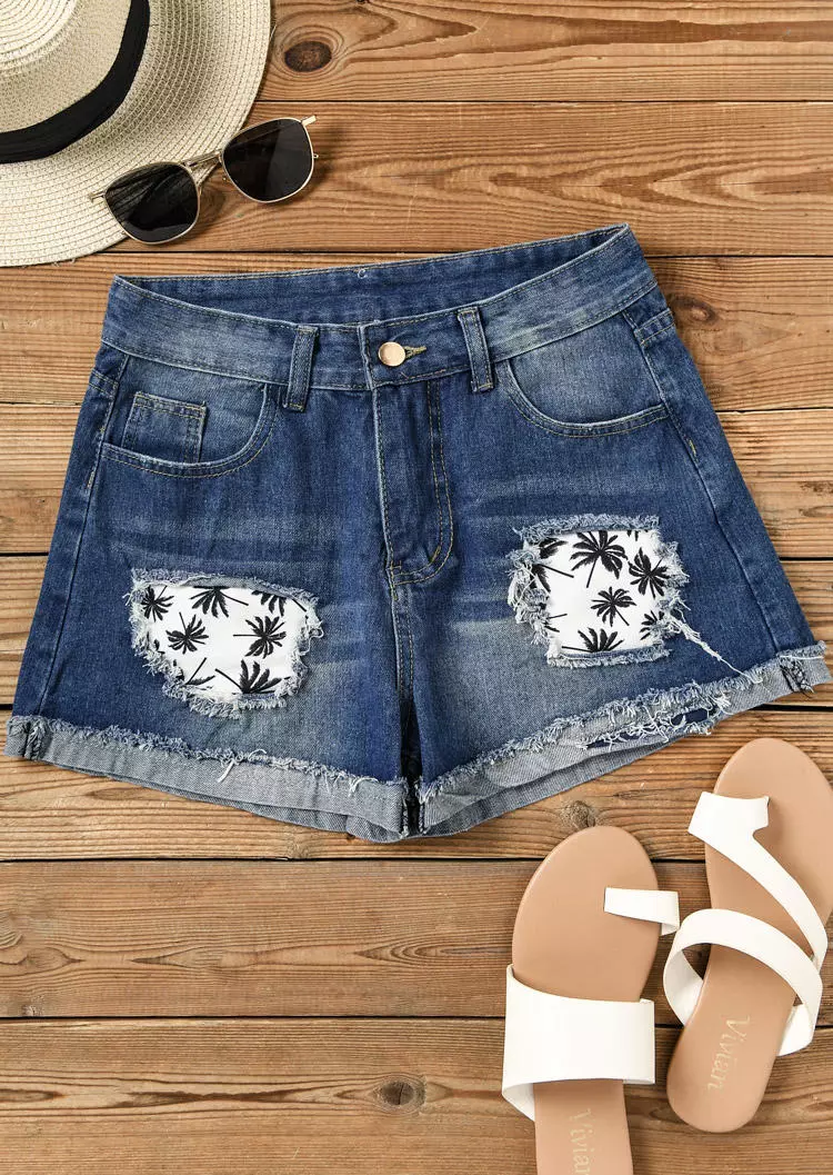 Coconut Tree Button Pocket Ripped Denim Shorts - Blue 4 Coconut Tree Button Pocket Ripped Denim Shorts - Blue - Image 2