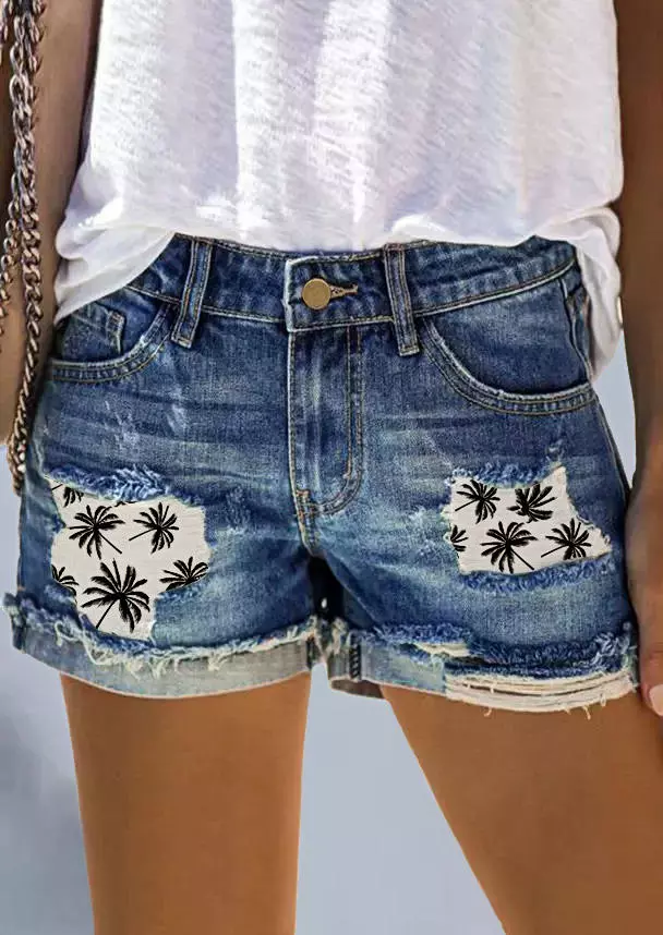 Coconut Tree Button Pocket Ripped Denim Shorts - Blue 3 Coconut Tree Button Pocket Ripped Denim Shorts - Blue