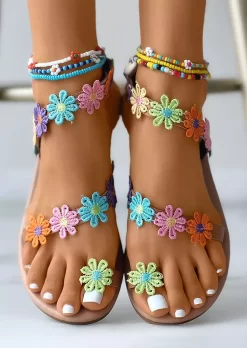 Floral Flat PU Leather Sandals Without Anklet