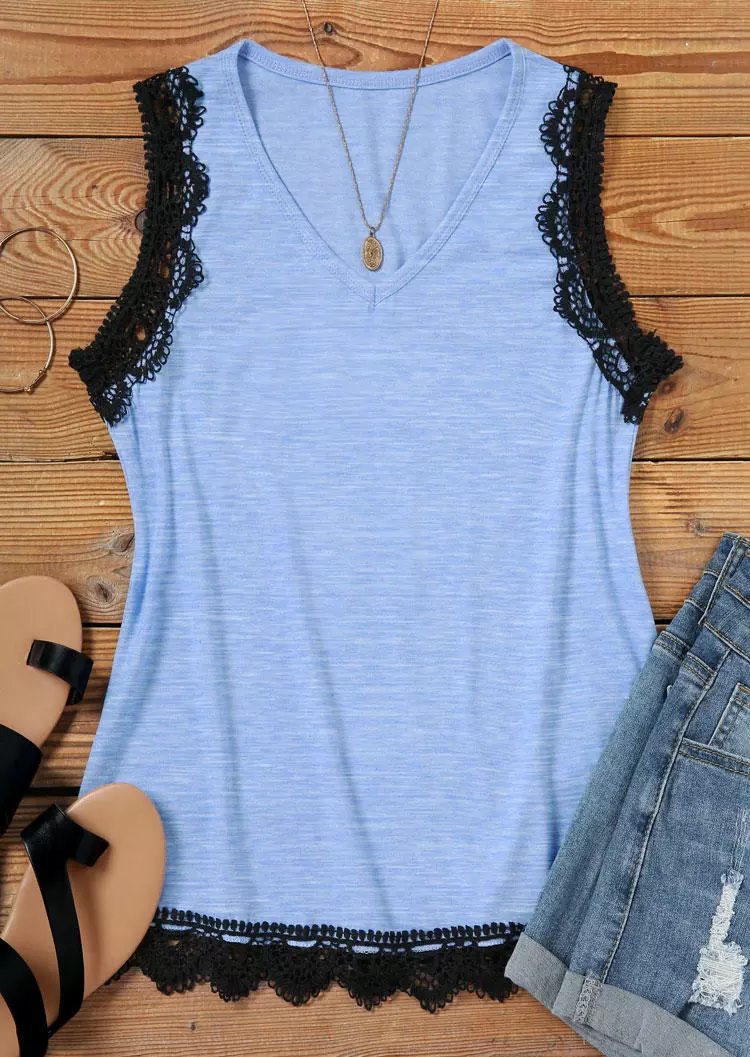 Lace Splicing V-Neck Tank - Blue 5 Lace Splicing V-Neck Tank - Blue - Image 3