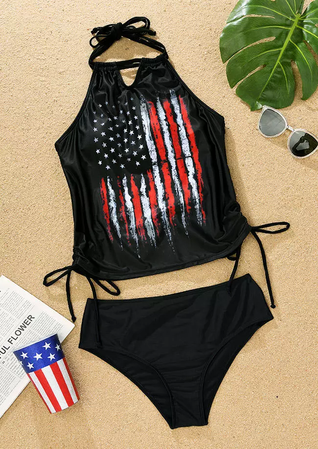 American Flag Drawstring Halter Tankini Set - Black 4 American Flag Drawstring Halter Tankini Set - Black - Image 2