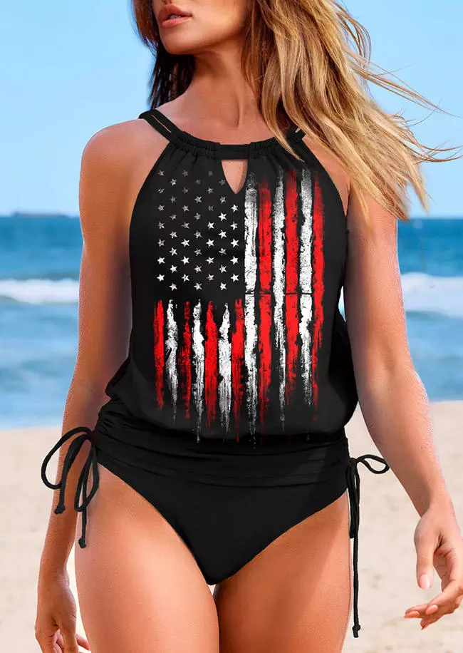 American Flag Drawstring Halter Tankini Set - Black 3 American Flag Drawstring Halter Tankini Set - Black