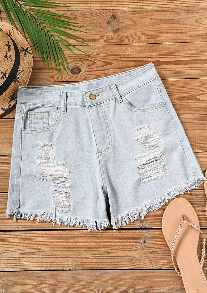 Pocket Button Ripped Hole Denim Shorts - Light Blue 4 Pocket Button Ripped Hole Denim Shorts - Light Blue - Image 2