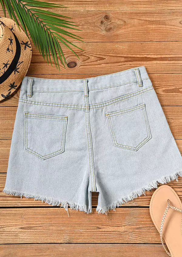 Pocket Button Ripped Hole Denim Shorts - Light Blue 5 Pocket Button Ripped Hole Denim Shorts - Light Blue - Image 3