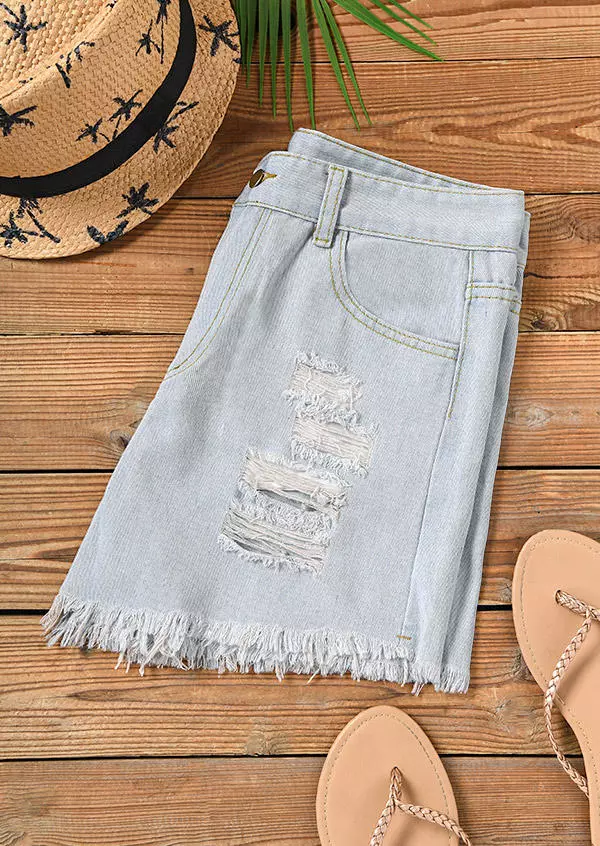 Pocket Button Ripped Hole Denim Shorts - Light Blue 6 Pocket Button Ripped Hole Denim Shorts - Light Blue - Image 4