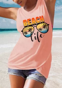 Beach Life Coconut Tree O-Neck Tank - Pink