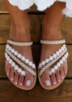 Floral Pearl PU Leather Slippers - White