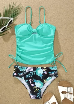 Floral Leaf Ruched Hollow Out Tankini Set - Lake Blue -Garment Sale Store SCM012874 1 21456703855448 124