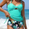 Floral Leaf Ruched Hollow Out Tankini Set - Lake Blue -Garment Sale Store SCM012874 1 21456704243021 124