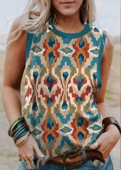 Abstract Color Block Ethnic O-Neck Tank