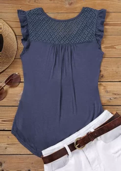 Ruffled Lace Splicing Tie Tank - Navy Blue -Garment Sale Store SCM012891 2 20323359834815 124