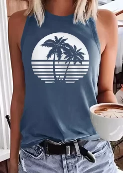 Coconut Tree O-Neck Tank - Blue