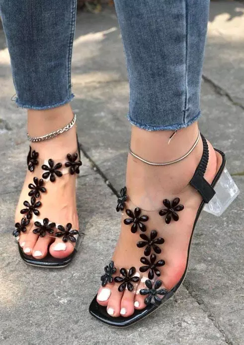 Floral Square Toe Heel Sandals - Black 3 Floral Square Toe Heel Sandals - Black
