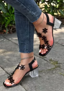 Floral Square Toe Heel Sandals - Black 10 Floral Square Toe Heel Sandals - Black -Garment Sale Store SCM012973 2 21098085552379 124