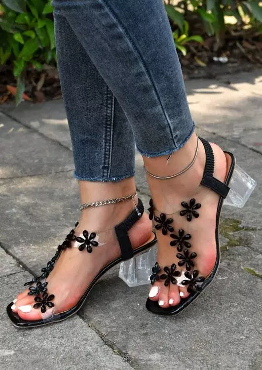 Floral Square Toe Heel Sandals - Black 7 Floral Square Toe Heel Sandals - Black - Image 5