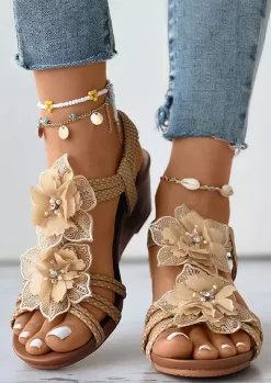 Bohemian Floral Hollow Out Wedge Sandals - Apricot