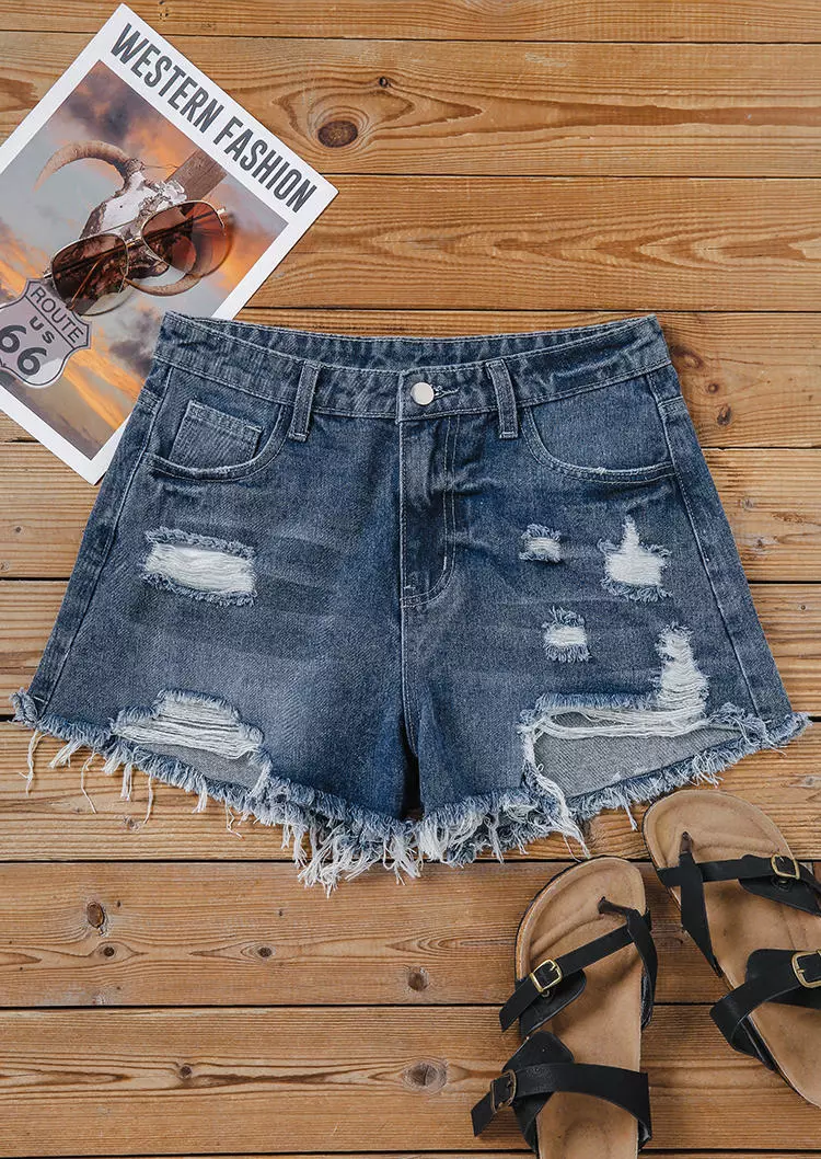 Frayed Hem Ripped Hole Pocket Denim Shorts - Deep Blue 4 Frayed Hem Ripped Hole Pocket Denim Shorts - Deep Blue - Image 2