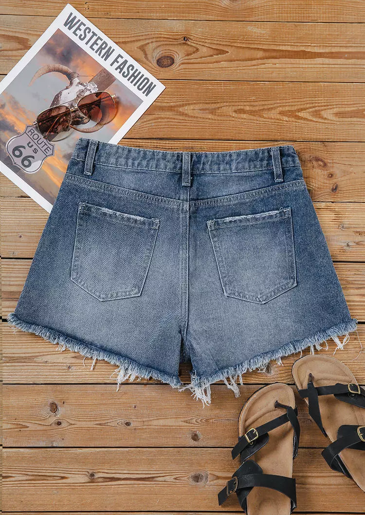 Frayed Hem Ripped Hole Pocket Denim Shorts - Deep Blue 5 Frayed Hem Ripped Hole Pocket Denim Shorts - Deep Blue - Image 3