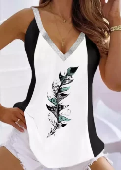 Glitter Feather Color Block Camisole - White
