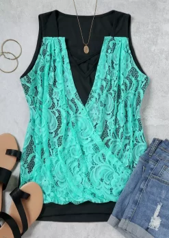 Lace Criss-Cross Fake Two-Piece Tank - Lake Blue -Garment Sale Store SCM013013 2 31689701503336 124